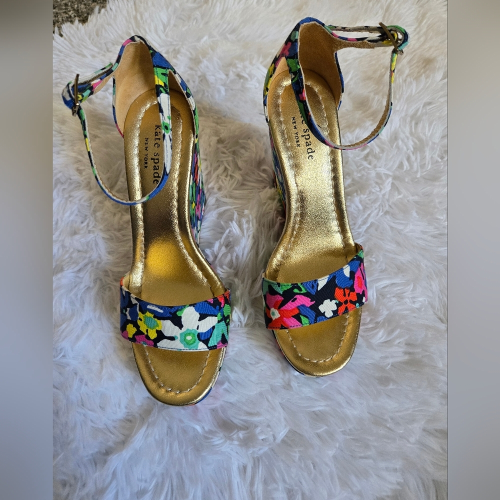 Kate Spade Multicolor Floral Heels with Gold Accents